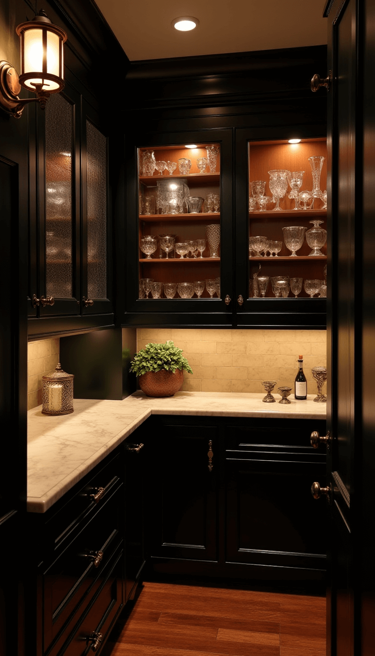 Vintage-style butler's pantry lit by antique lantern sconces, with illuminated glass cabinets showcasing crystal and silver collections, marble countertops and copper accents.