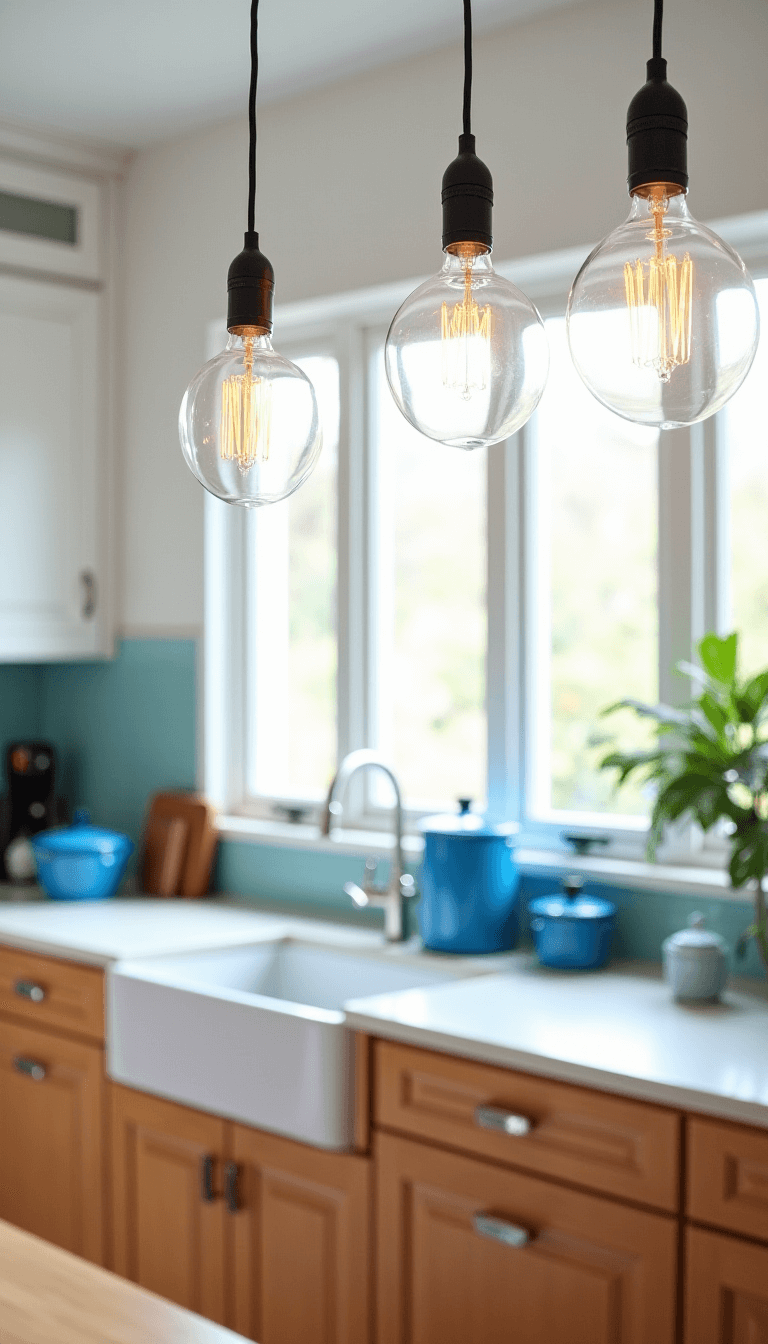 Bright midday kitchen with oversized glass pendant lights, white oak cabinets, and vintage blue enamelware collection
