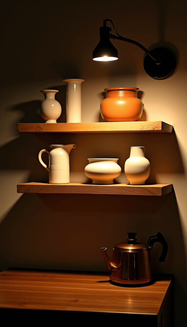 Close-up shot of a coffee station with reclaimed wood shelves, illuminated by adjustable blackened steel sconces, displaying pottery in creamy whites and earthy terracottas, with a copper kettle catching the light