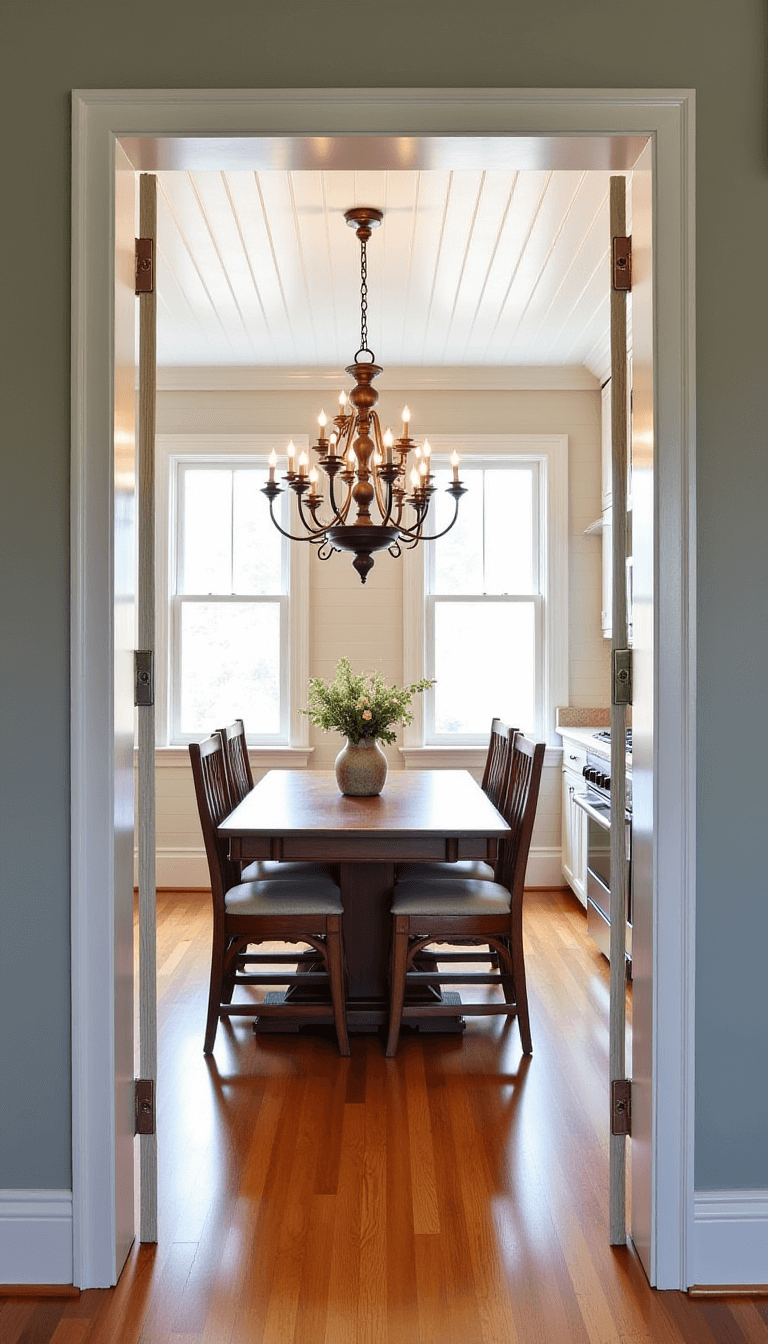 Spacious 16x18ft kitchen with natural and artificial light featuring hardwood floors, grand chandelier, white paneled ceiling, viewed through French doors.