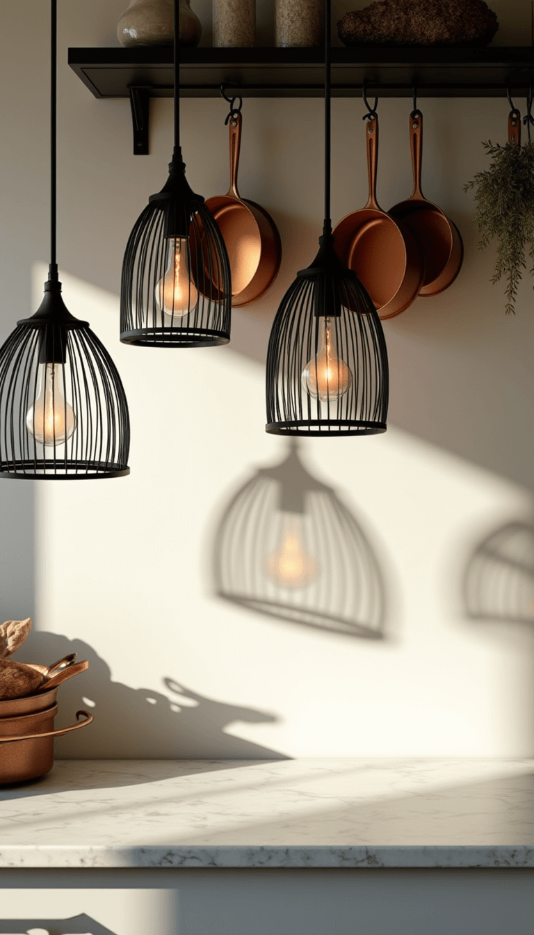Three black metal cage pendants with frosted glass over a marble countertop with copper cookware and dried herbs in late afternoon light