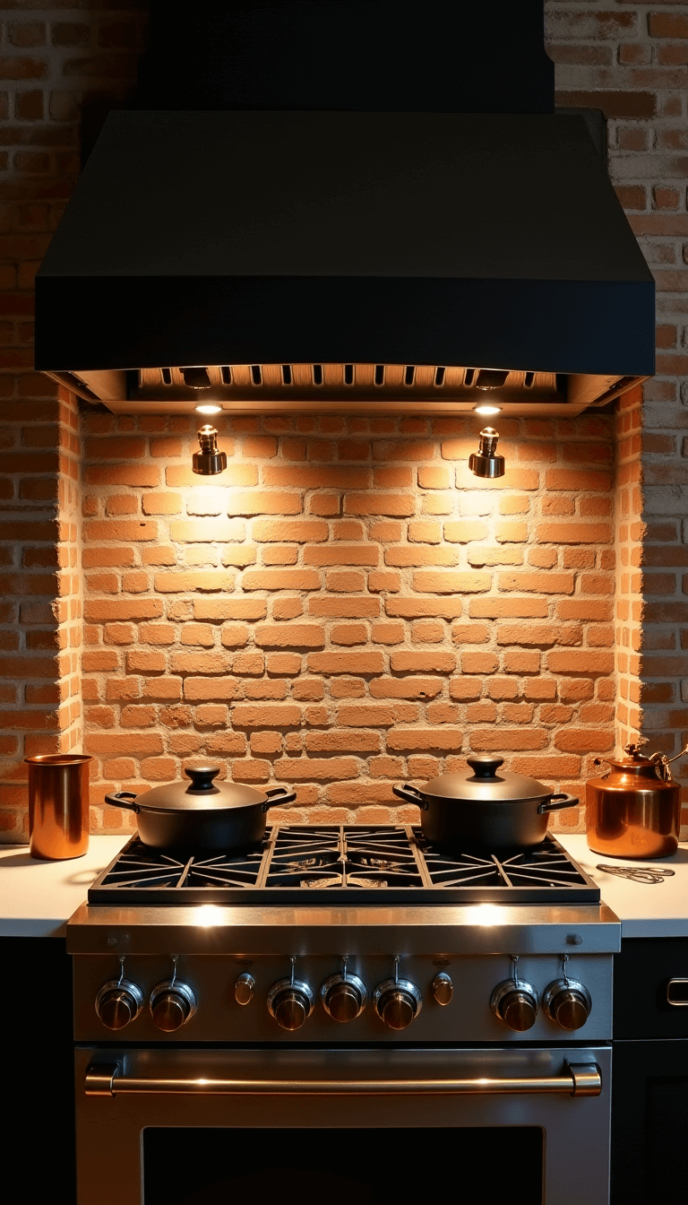 Custom range alcove with brick backsplash lit by aged brass gooseneck sconces, featuring cast iron cookware and copper accessories