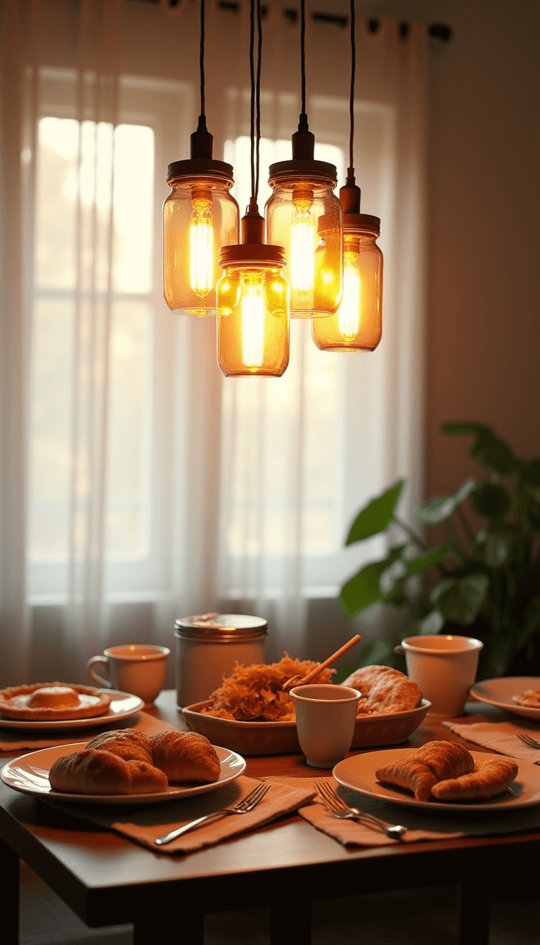 Dreamy breakfast scene with mason jar chandelier, soft morning light through sheer curtains, and colorful vintage enamelware