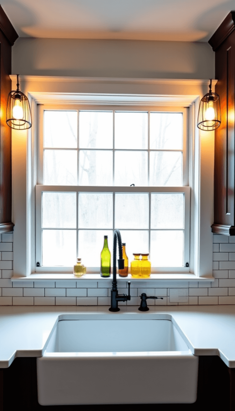 Farmhouse sink area with industrial cage sconces, white subway tile, and vintage bottles on windowsill, illuminated by natural and warm artificial light