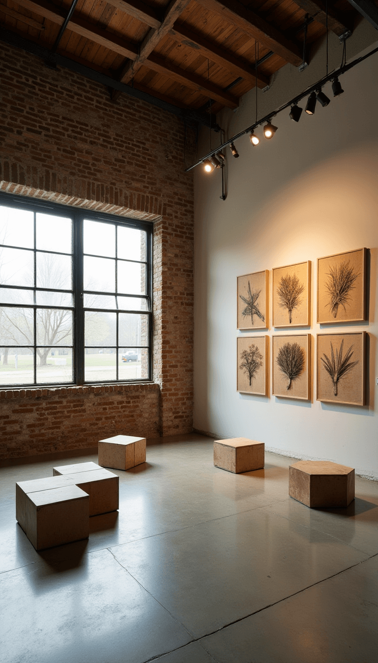 High-angle shot of a contemporary 14x16ft gallery with polished concrete floors, exposed brick walls, wabi-sabi collages under track lights, diffused afternoon light through industrial windows, and geometric raw material furniture. Color palette ranges from beige to green.