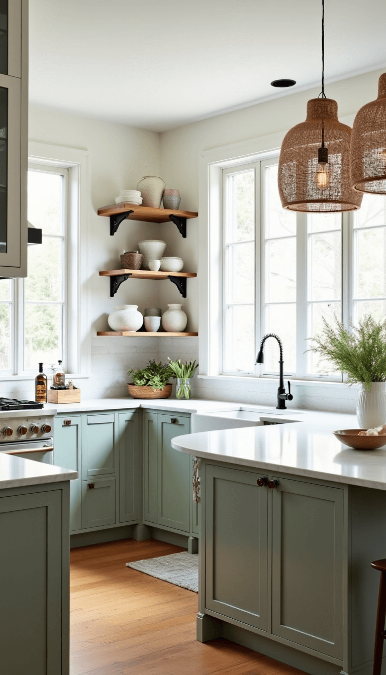 Bright and airy 12x14ft farmhouse-style kitchen with white upper and sage green lower cabinets, marble counters, white oak open shelving, and natural lighting. View from dining area.