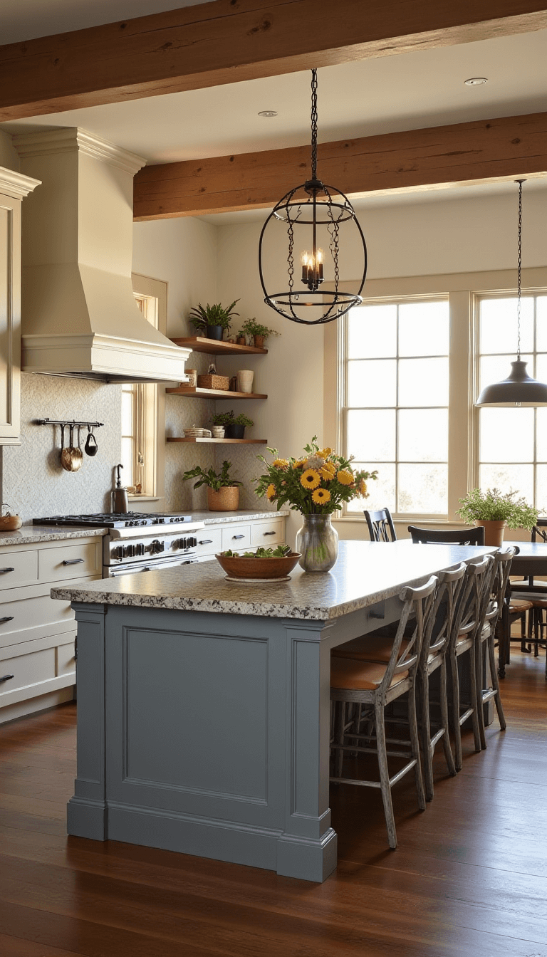 Open-concept farmhouse kitchen with living room connection, golden hour backlighting through large windows, white cabinets, gray island, granite counters, tile backsplash, vintage pendant lights over the island, and inviting atmosphere with styled vignettes.