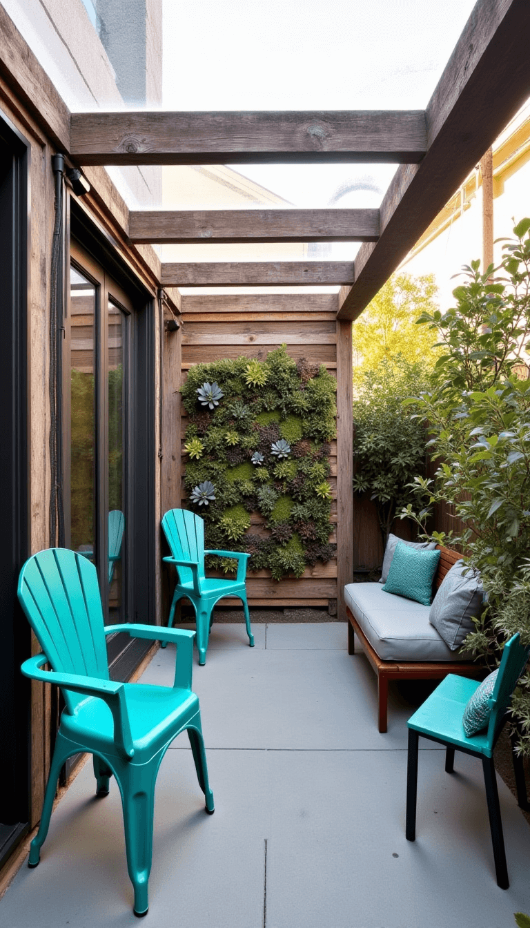 Budget-conscious patio transformation featuring reused barn wood beams, clear polycarbonate panels, turquoise painted metal chairs, succulent wall garden and dramatic afternoon backlighting.