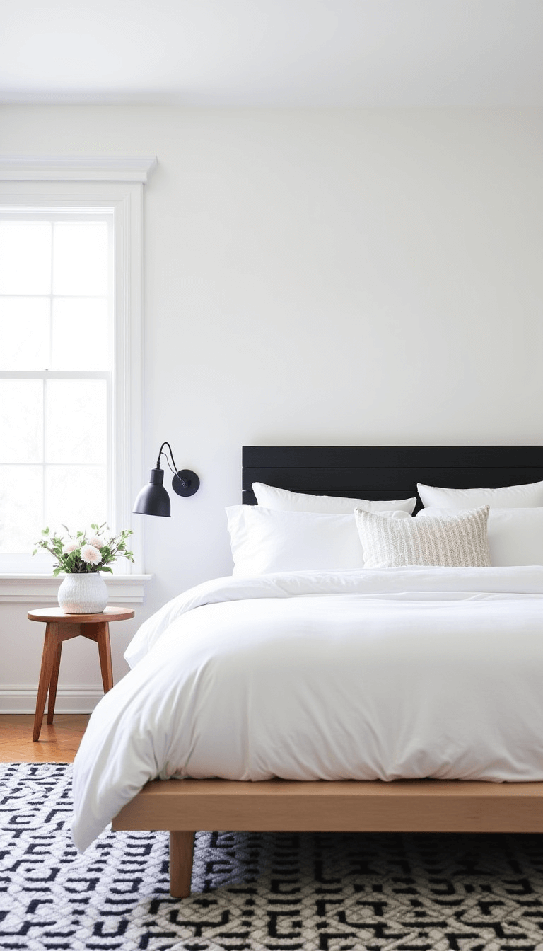 Scandinavian-inspired bedroom with black wooden headboard, white textiles on bed, matte black sconces, and black and white geometric rug, shot in midday light.