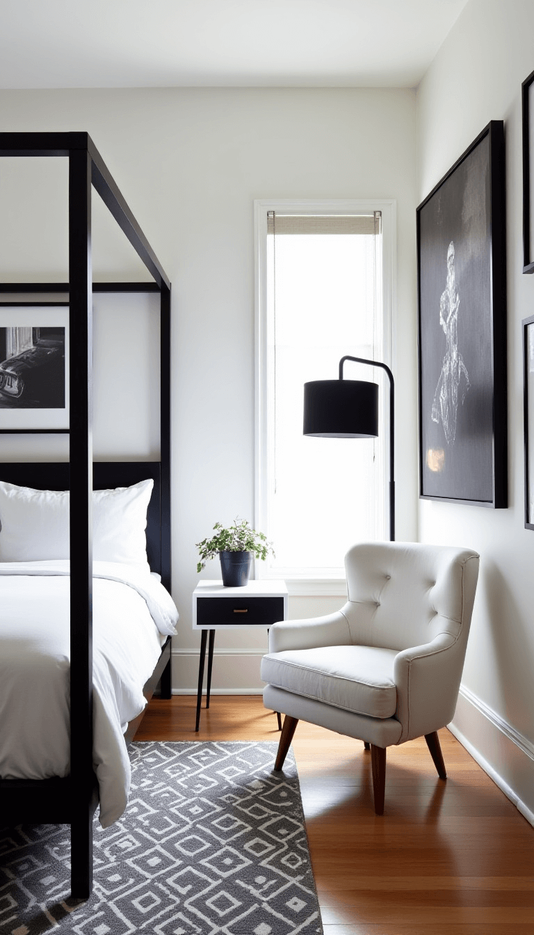 Urban bedroom illuminated by diffused midday light, with black four-poster bed, cloud-white linens, black and white photography gallery wall, white bouclé chair, black reading lamp, and geometric black and white area rug.