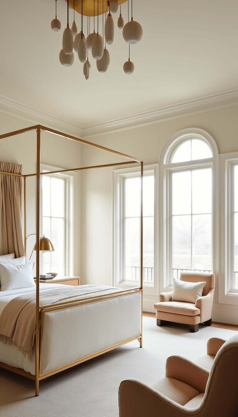 Spacious 16x20ft primary bedroom with tray ceiling, arched windows, brushed brass statement canopy bed with Egyptian cotton and silk accents, curved bouclé chairs, an oversized wool rug, and ceramic pendant lights in a luxurious yet understated ambiance.