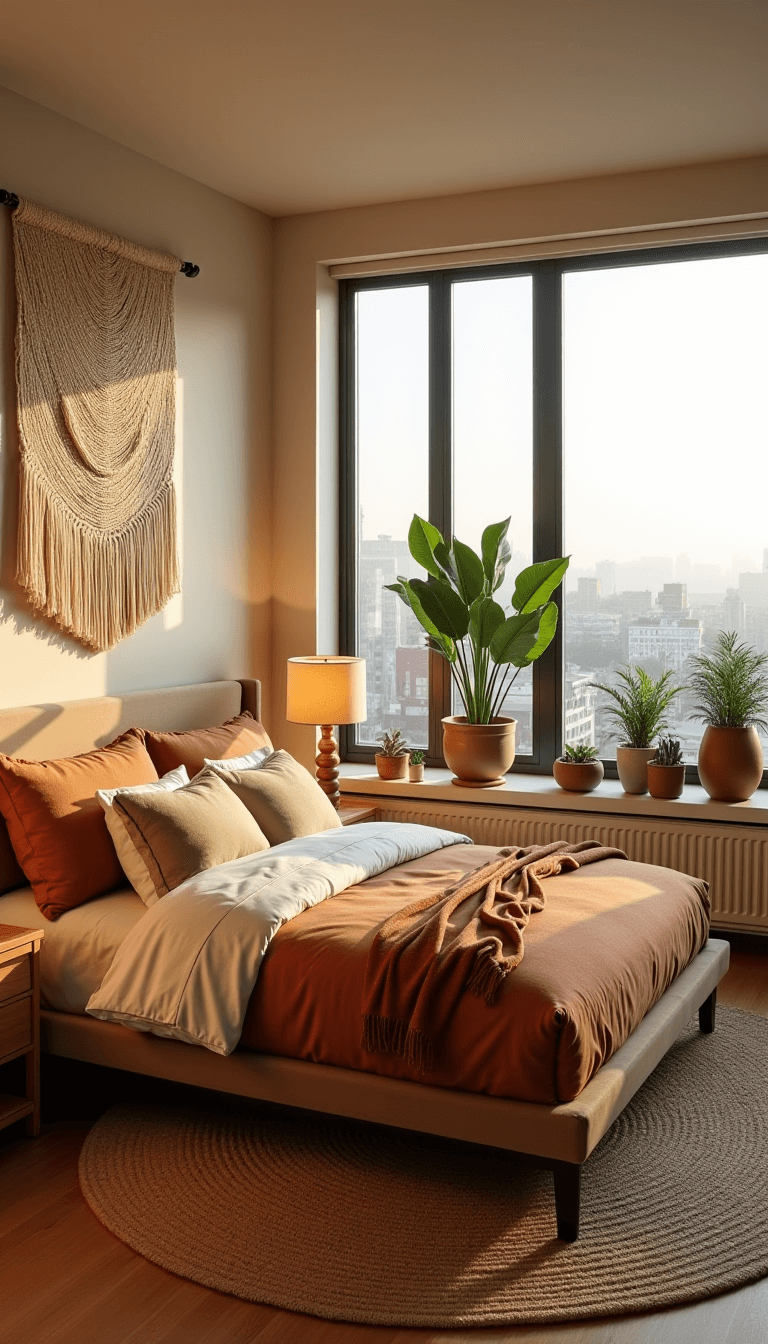Spacious corner bedroom with floor-to-ceiling windows, low-profile upholstered bed, wooden nightstands, large macramé wall hanging, jute rug on sisal carpet, and collection of plants on window ledge.