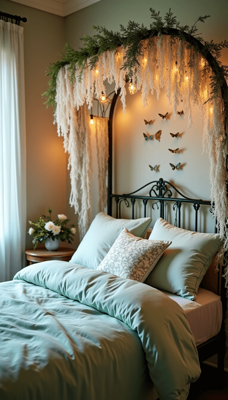 A cozy fairy bower bedroom in soft afternoon light, featuring a delicate wrought iron bed frame adorned with vines and LED firefly lights, mint green and lilac bedding, wall art of preserved butterflies, and a gossamer canopy enriched with botanical elements and crystal drops.