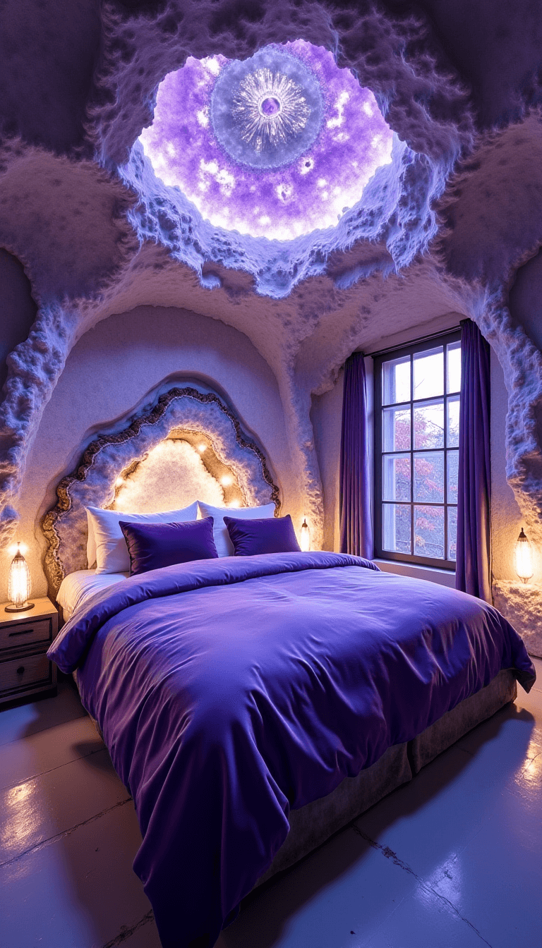 Crystal cave bedroom at twilight with geode-inspired LED lit headboard, amethyst and silver bedding, mirror mosaic ceiling, and colorful crystal highlights creating a magical, otherworldly atmosphere.