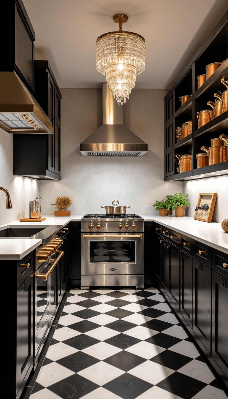 Art Deco style prep kitchen with professional stainless appliances, brass trim, black and white marble floor, crystal pendant lights, open shelving with copper and brass cookware, shot from above to highlight layout.
