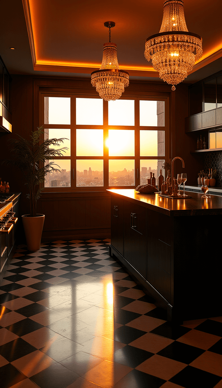 Sunset illuminating a spacious open kitchen-lounge with black marble island and brass bar accessories, crystal chandeliers twinkling over a geometric pattern floor.