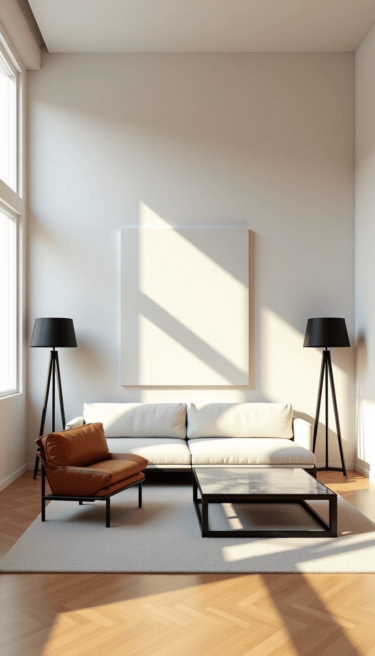 Sophisticated minimalist living room bathed in golden hour light, featuring floor-to-ceiling windows, white oak herringbone floors, an ivory linen sofa, cognac leather accent chair, matte black floor lamps, and a black steel-framed marble coffee table.