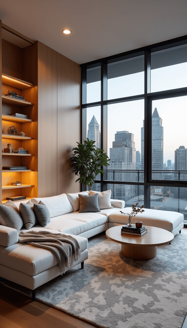 Elegant 16x22ft living room at twilight with panoramic city views, bleached oak built-in shelves with assorted objects, comfortable white sectional decked with textured blankets, a cream-gray geometric handwoven wool rug, and warmly lit brass pendant lights shot from corner, showcasing urban sophistication.