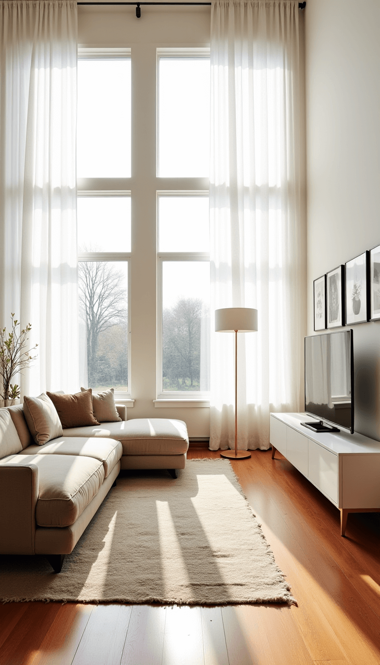 Spacious 20x24ft living room bathed in golden afternoon light, featuring soaring windows with sheer white curtains, an oatmeal linen low-profile platform sectional, vintage Moroccan rug, assortment of black and white photographs, a white oak media console, and a brass floor lamp with a linen shade.