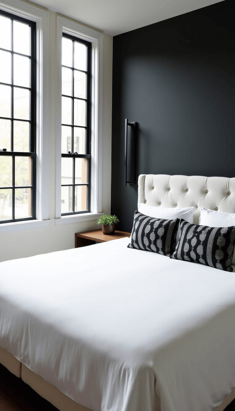Modern black and white 16x16ft bedroom with large grid windows, charcoal accent wall, white bouclé headboard, layered bedding, and black geometric pillows, illuminated by natural midday light and wall sconces.