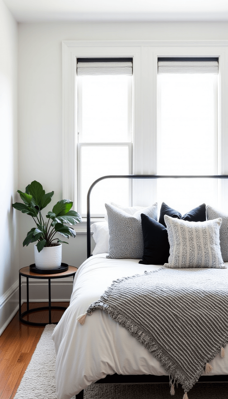 Bright mid-morning 13x15ft bedroom with white walls featuring black trim details, a bed adorned with various black and white patterned textiles, multiple textured scatter cushions, and black metal accents including plant stands, bathed in clean natural lighting for an editorial styling theme.