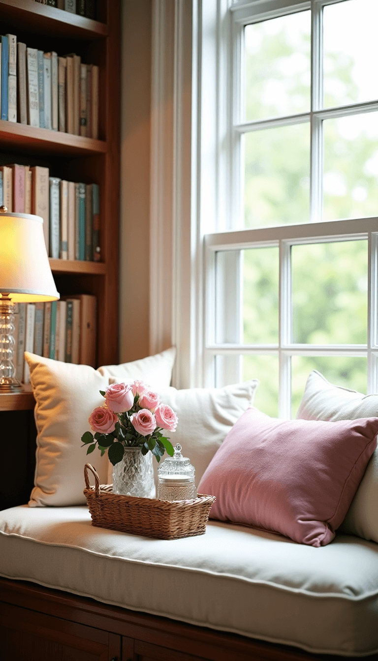 Cozy reading nook with built-in bookshelves, cream linen window seat adorned with pastel silk and velvet pillows, artfully arranged Mother's Day gift basket, fresh roses in crystal vase, and a vintage lamp casting a warm glow, illustrating a peaceful and nurturing atmosphere in soft, natural lighting.
