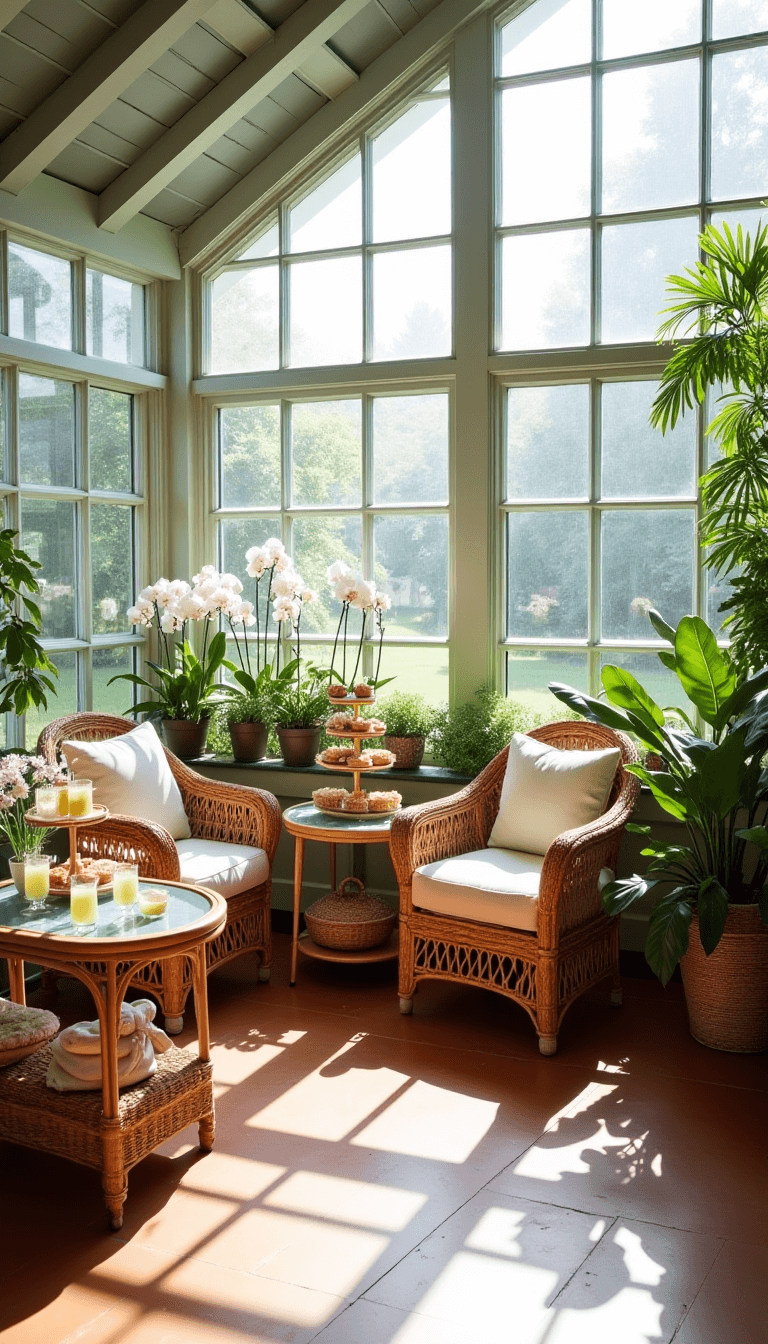 Bright sunroom with greenhouse windows, terra cotta tiles, rattan furniture, vintage tea cart, Mother's Day brunch setup, potted orchids, ferns, and handwoven baskets, in a wide-angle shot creating a botanical mood.