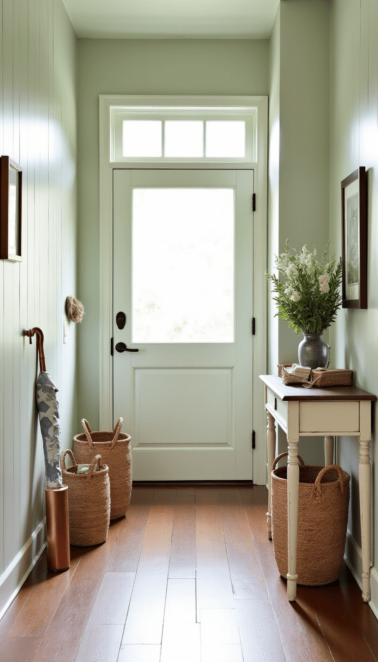 Vintage style cottage entryway with sage board and batten walls, distressed cream console table, botanical artwork, an umbrella stand, baskets, and a transom window allowing natural light.