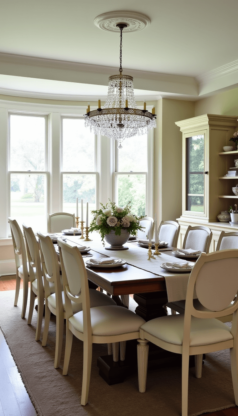 Vintage inspired dining room with sunlight streaming through bay windows, showcasing oak farmhouse table, cream chairs, china cabinet and crystal chandelier, decorated with linen runners, flowers and brass candlesticks.