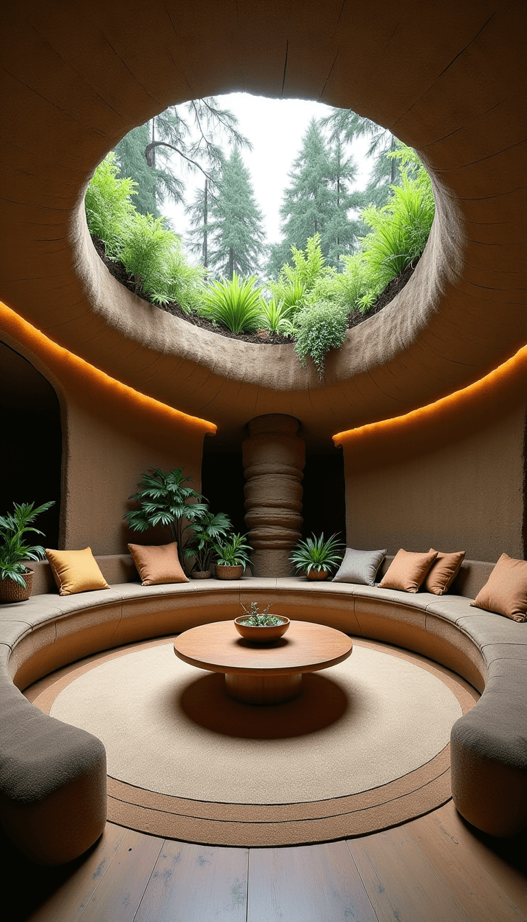 Eco-Dome living room featuring rammed earth walls, radial floor plan, handcrafted furniture from reclaimed materials, built-in seating with natural fiber cushions, and native plants in built-in planters under soft natural light from central skylight.