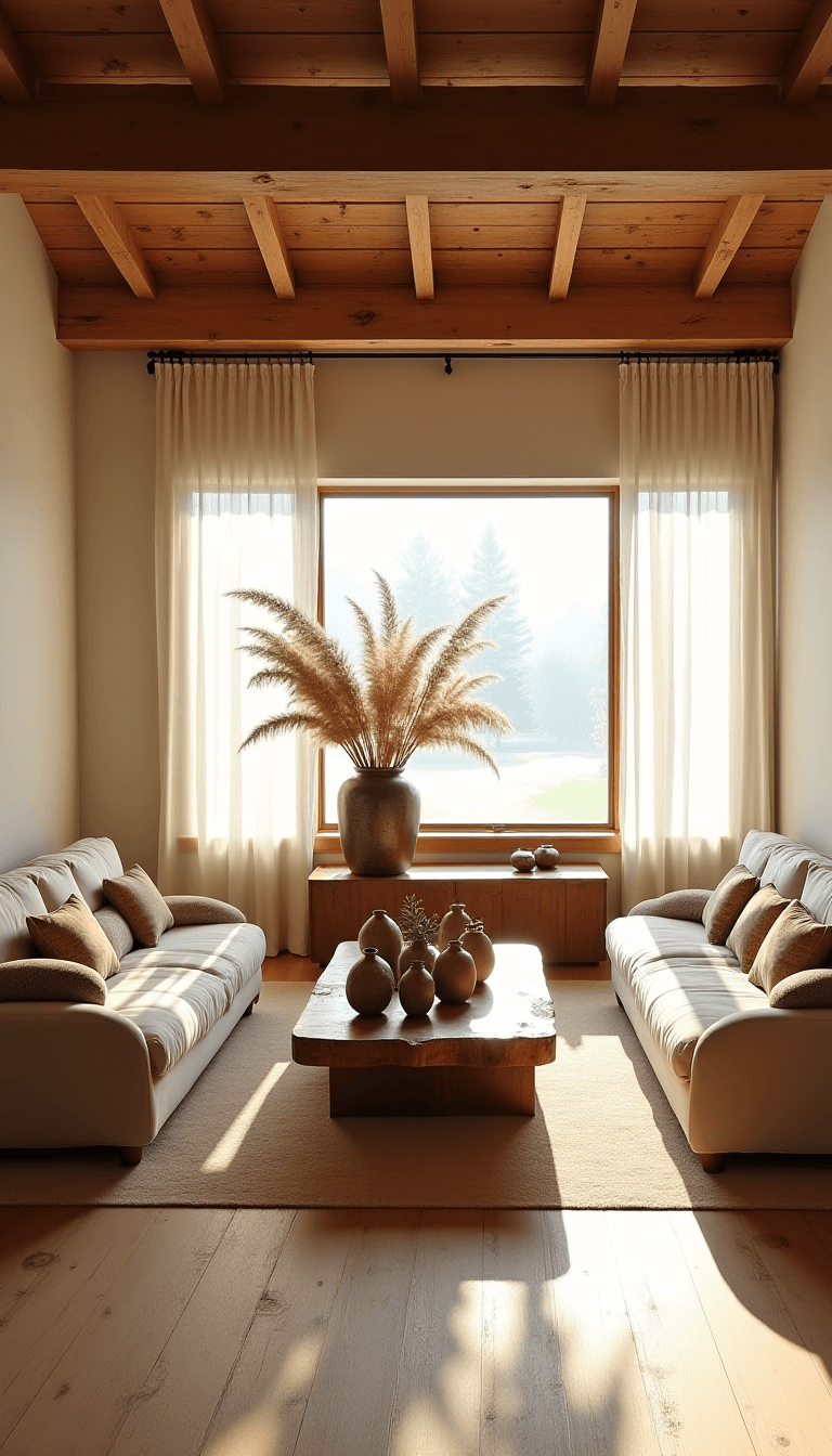 Sunlit rustic living room with wooden beams and floor, asymmetric linen sofas, handcrafted table with ceramic vessels, large window with textured curtains, and a copper vessel with dried pampas grass.