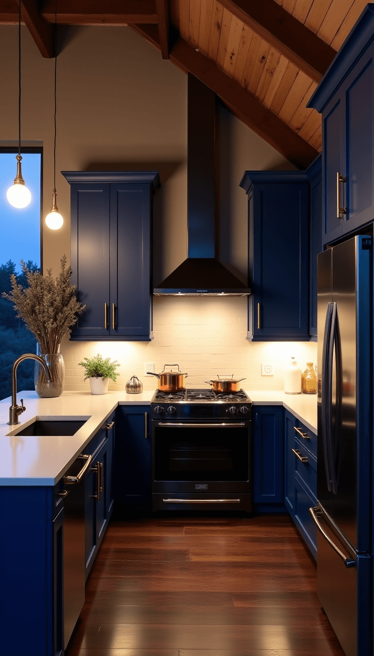 Dramatic evening kitchen scene with navy blue cabinets, matte gold hardware, black stainless appliances, cream quartz countertops, and dark wood floors under a 12' vaulted ceiling with exposed beams; ambient lighting from modern globe pendants subtly reflecting on appliances; copper cookware and white ceramics add personality; shot during the blue hour.
