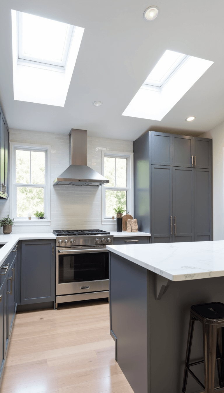 Modern gray kitchen with white concrete countertops, black stainless steel appliances and brushed nickel hardware, lit by morning light through skylights