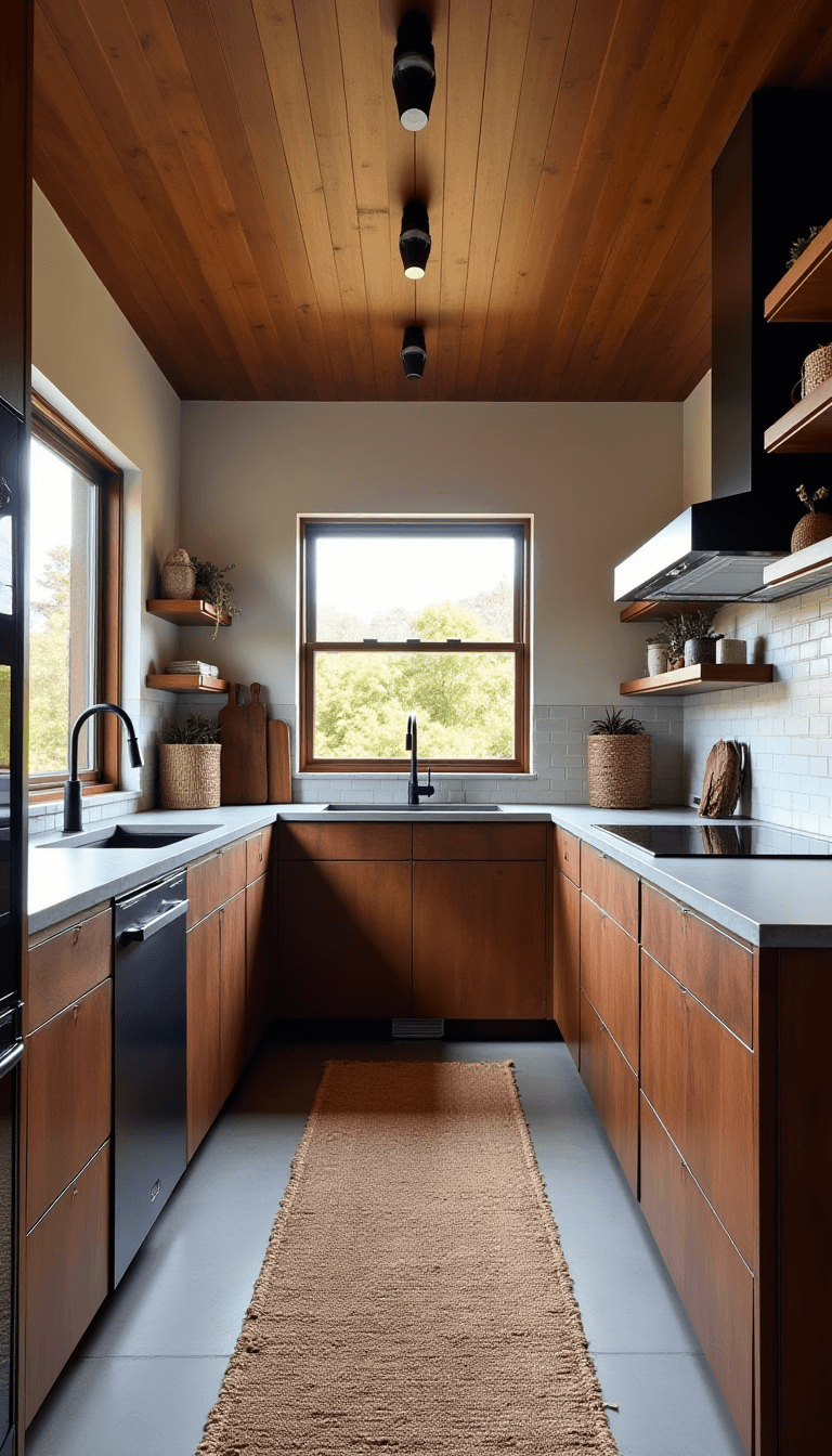 Modern organic kitchen with walnut cabinets, concrete countertops, black stainless appliances, matte black fixtures, and a handmade tile backsplash, beautifully lit by late afternoon golden light from western windows