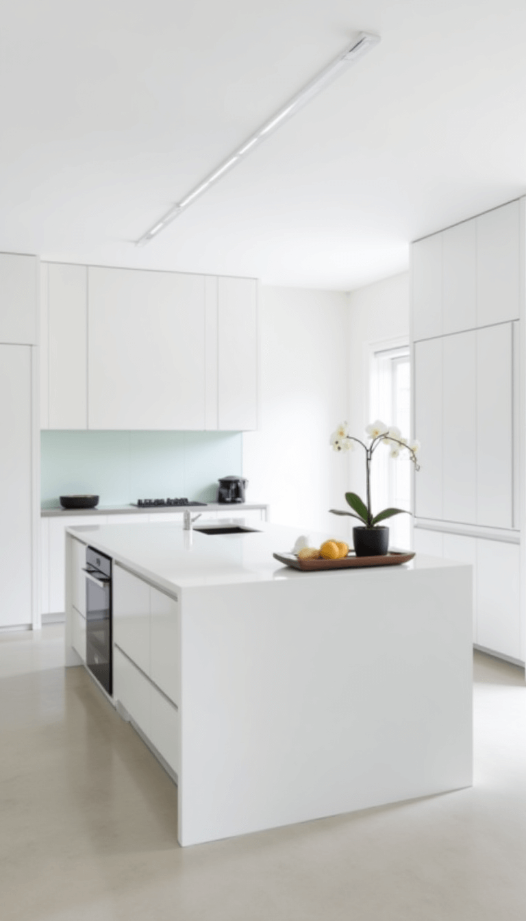 Minimalist kitchen with white cabinets, black appliances, quartz surfaces, track lighting, a glass backsplash, and polished concrete floors, decorated with a single orchid and black accessories.