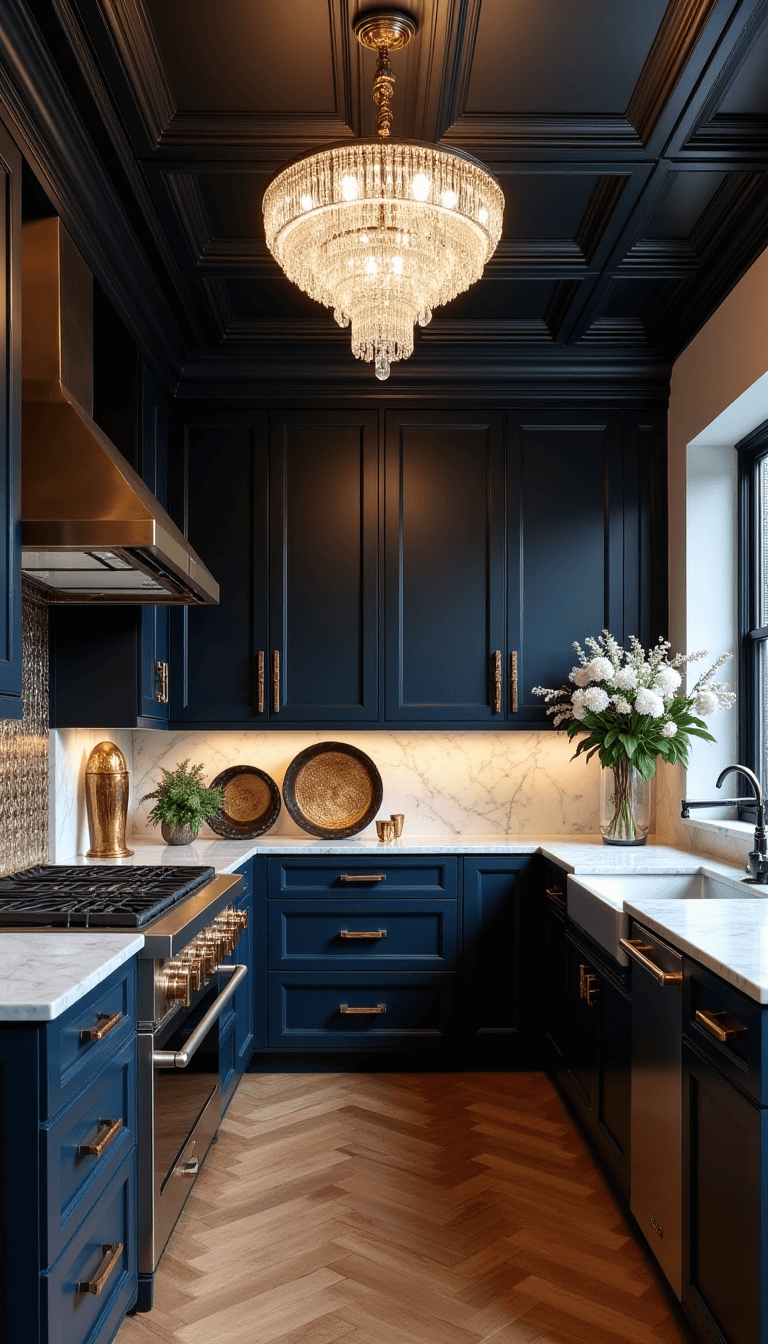 Luxurious modern kitchen with navy cabinets, crystal chandelier, and Calacatta marble surfaces, illuminated by moody evening lighting, reflecting on antique mirror backsplash and herringbone wood floors, styled with fresh flowers and vintage brass objects.