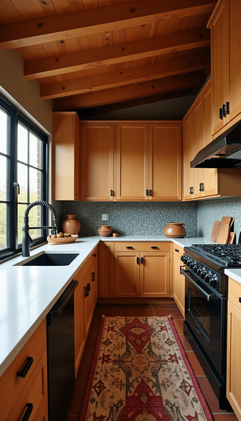Warm contemporary kitchen with high wood-beam ceiling, quarter-sawn oak cabinets, matte black appliances, soapstone counters, terracotta tile floors, zellige tile backsplash, styled with earthenware and wooden objects, and a vintage runner adding a pop of color.