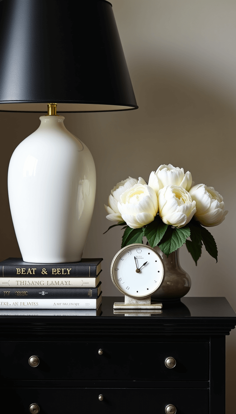 Elegant bedside setup with a black laquered nightstand, white ceramic lamp, marble clock, and silver vase with white peonies, in afternoon light.