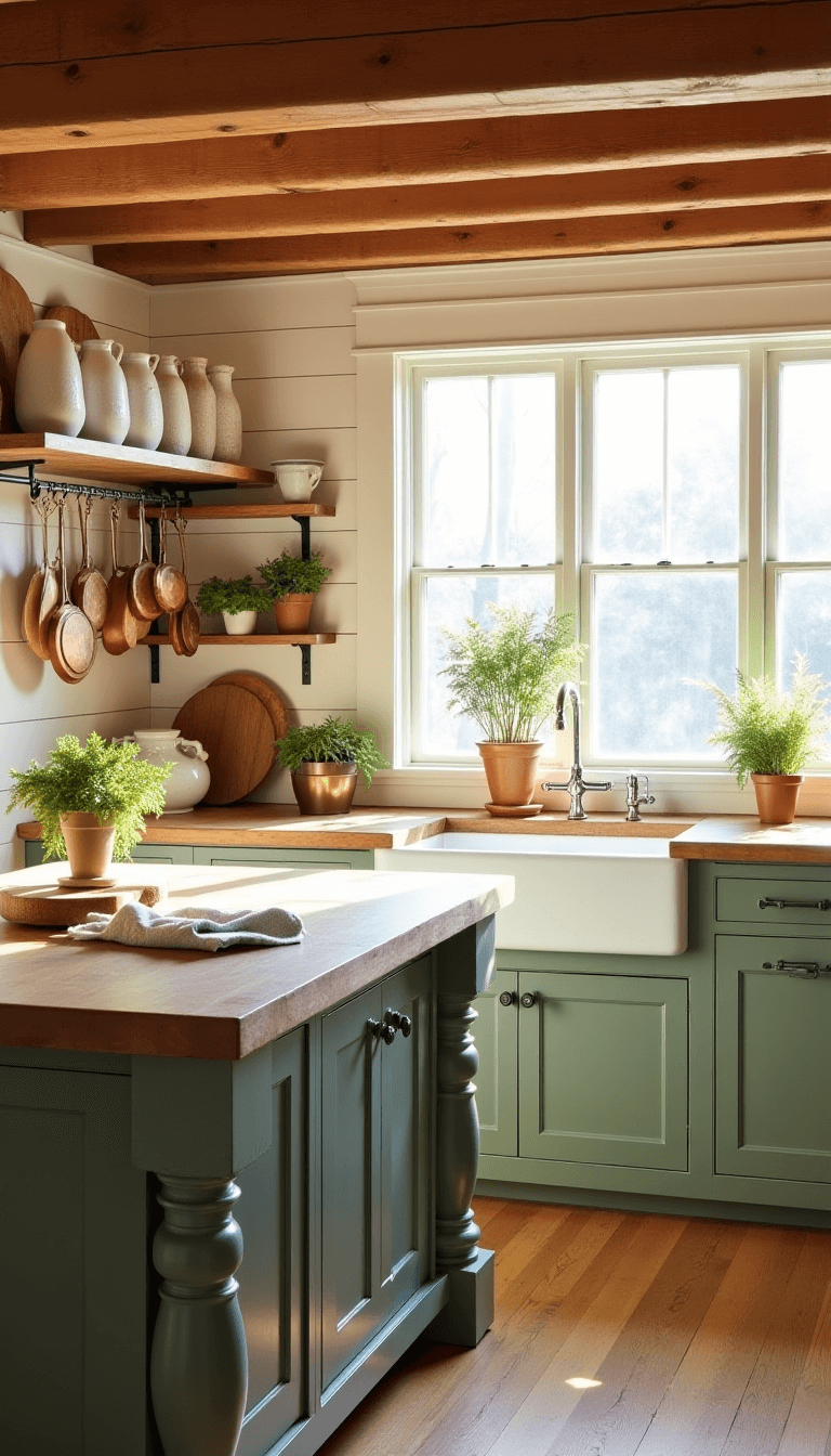 Sunny farmhouse kitchen with exposed cedar beams, sage-green cabinets, white shiplap walls, reclaimed wood island and vintage copper pots hanging from an iron rack.