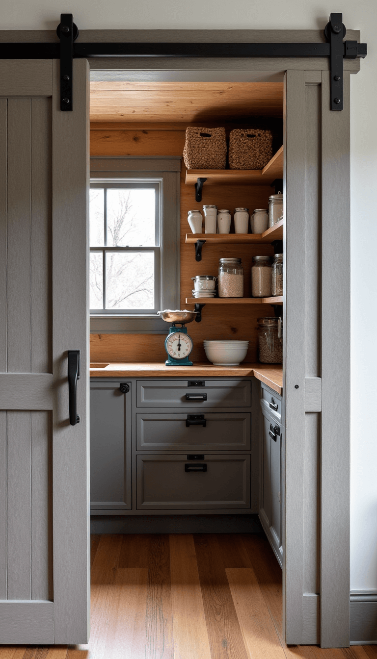 Rustic farmhouse kitchen pantry with open shelving, mason jars, vintage accessories, and gray barn door, brightly lit by morning light through a small window.