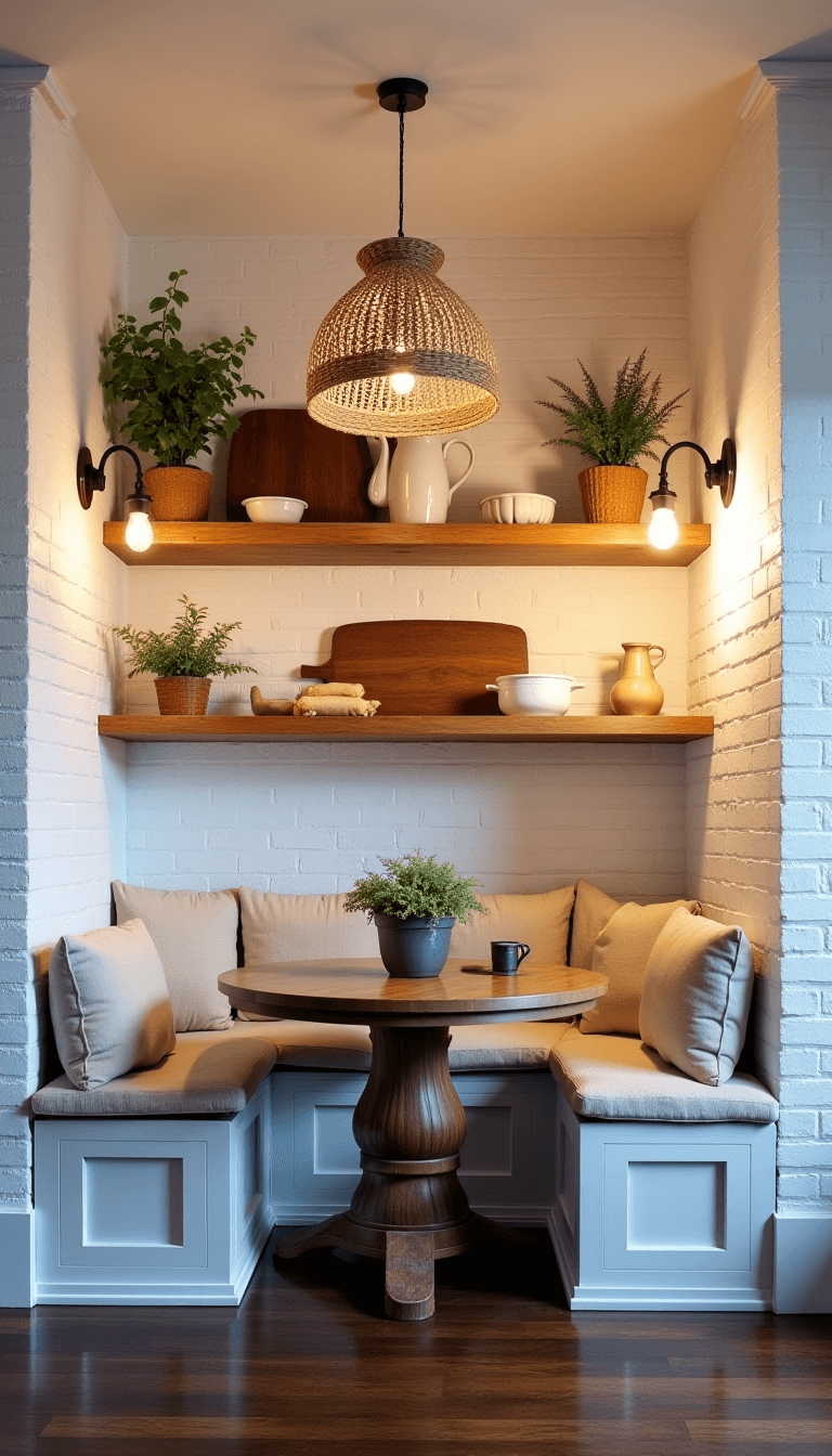 Cozy 8x10ft kitchen nook at dusk with white brick wall, reclaimed wood shelves with vintage utensils and potted herbs, warm Edison bulb lightning, built-in bench with grain sack cushions, weathered oak table, and woven rattan pendant.