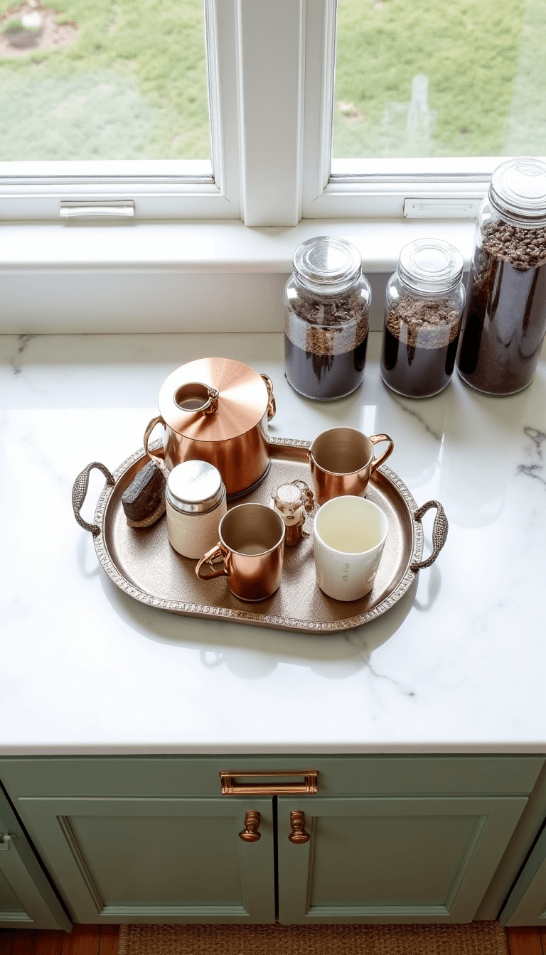 Aerial view of a kitchen coffee station at sunrise with sage green cabinets, copper accessories on a vintage silver tray, cream ceramic mugs, and coffee beans in glass canisters on white marble countertop, accentuated by window light shadows.
