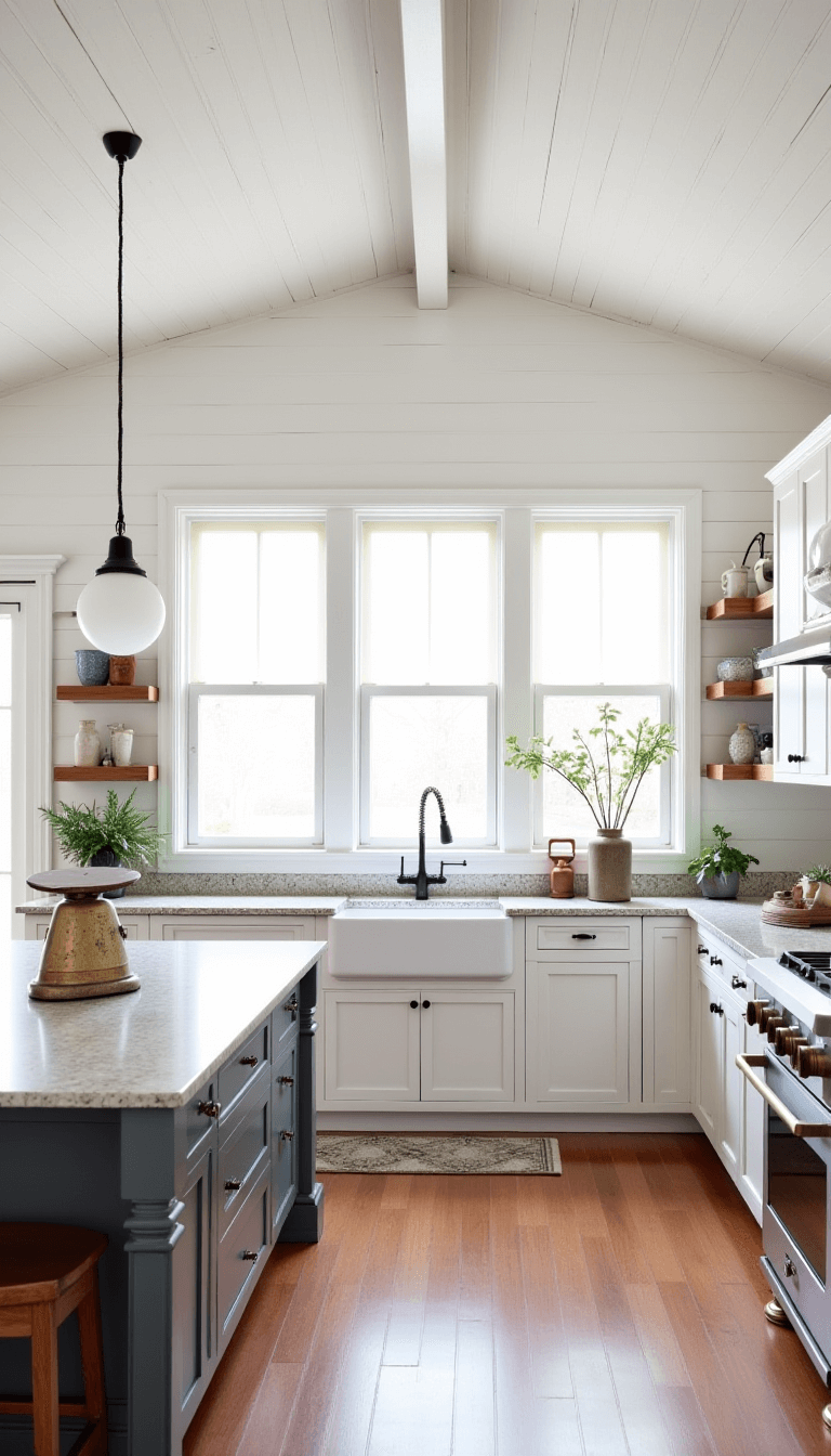 Bright, midday view of an open-concept kitchen with cathedral ceiling, white cabinets, central island with granite top, and farmhouse sink, styled with vintage accessories and fresh flowers.