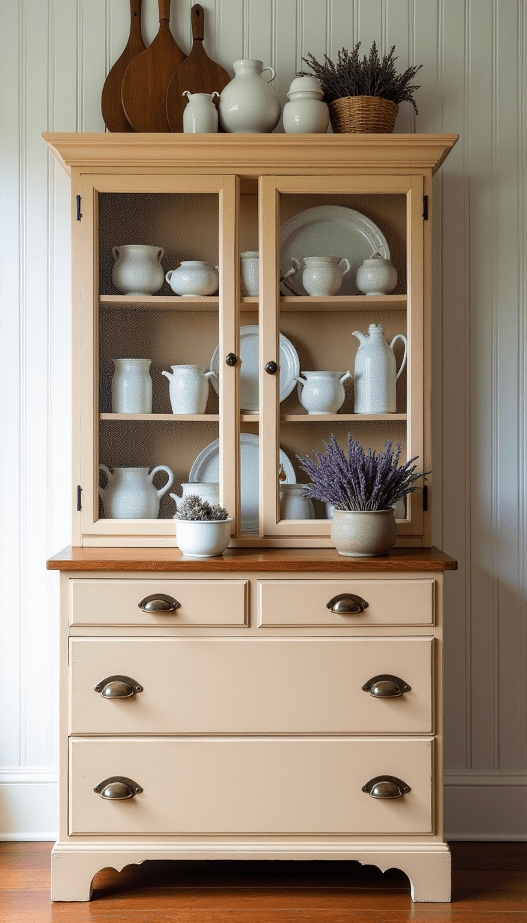 Vintage pine kitchen hutch with chicken wire doors showcasing cream ironstone collection, styled with antique rolling pins, earthenware crocks, and dried lavender bundles in warm afternoon light