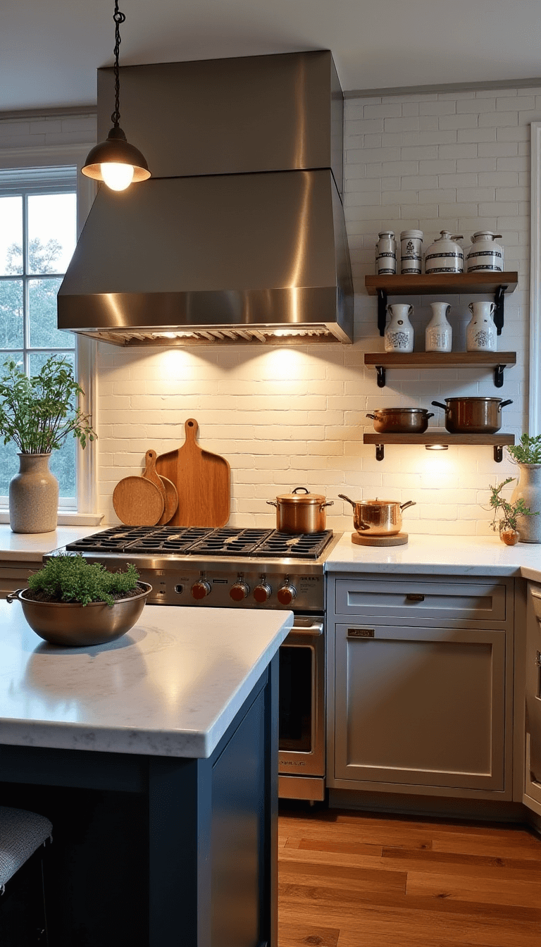 Twilight view of a 12x18ft kitchen with white subway tile backsplash, soapstone counters, vintage breadboard collection, white ceramic canisters, industrial-style pendants, copper cookware, and fresh greenery in stone crocks