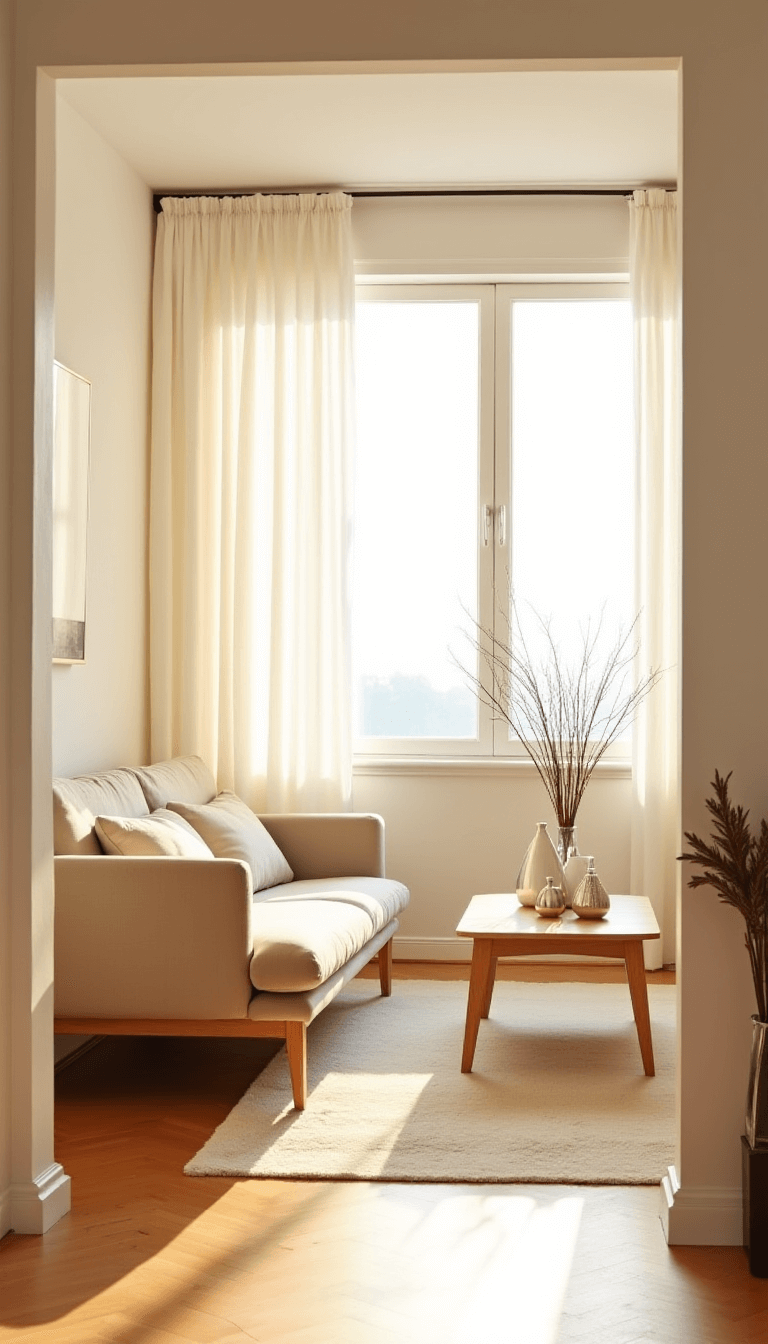 Bright 300 sq ft living room with minimalist Scandinavian furniture, white walls, floor-to-ceiling windows, and accent pieces during golden hour