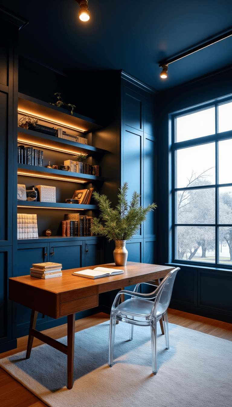 Modern home office with 12-foot Hague Blue ceilings, built-in bookshelves, walnut desk, ghost chair, and brass light fixtures, illuminated by cool track lighting during blue hour