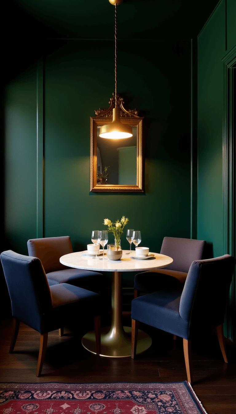 Intimate dining nook with emerald walls, brass light pendant, marble table, and velvet chairs at dusk with moody natural lighting