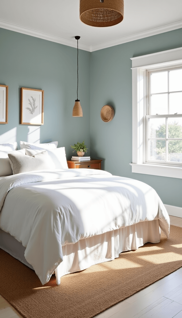 Sunlit master bedroom with dove grey walls and white trim, king bed with white linen, pale blue accent wall, rattan pendant lights, and coastal-inspired decor.