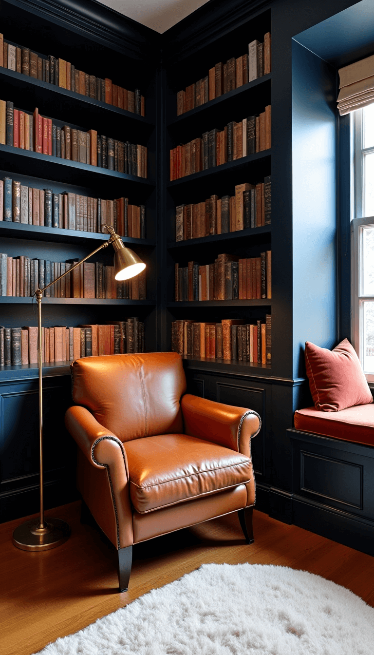 Sunset-lit cozy reading corner with navy blue bookcase full of color-coordinated books, cognac brown leather armchair, brass floor lamp, window seat cushioned in velvet and ivory wool rug